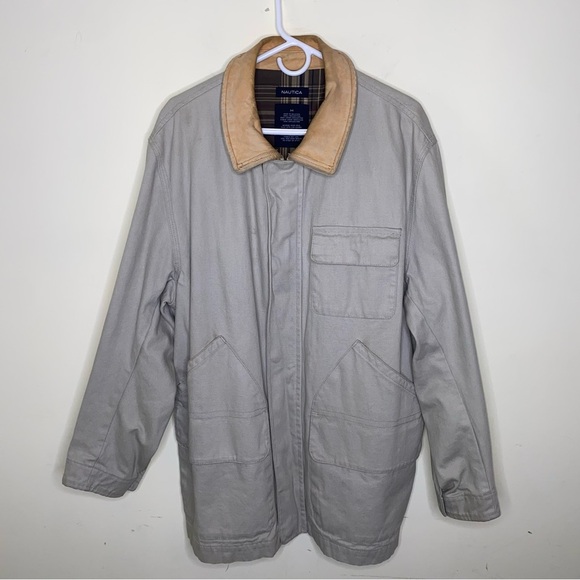 Vintage Nautica Medium Longer Canvas Utility Work Coat Jacket w/ Leather Collar - Picture 1 of 16